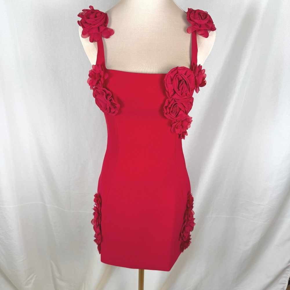 JW PEI Red Elaina 3D Rosette Applique Bodycon Mini Dress Size 2 NWT Coquette